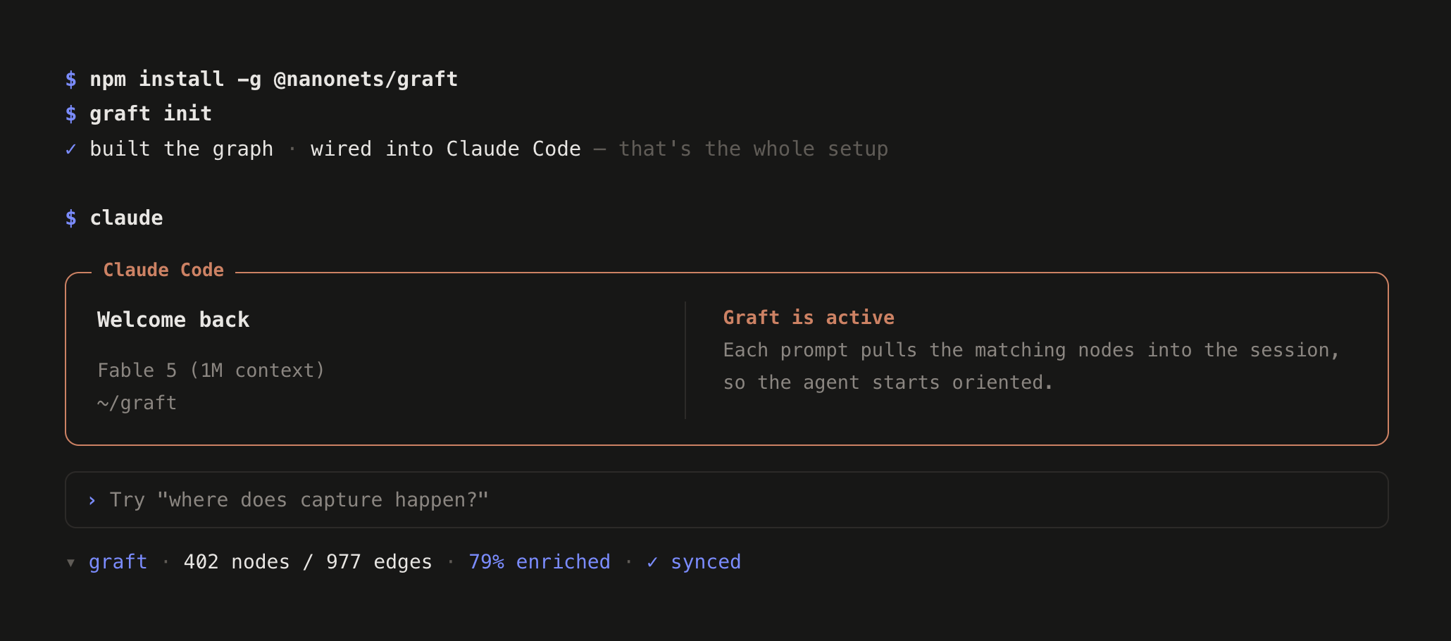 Two commands — npm install and graft init — then Graft rides along in a Claude Code session, statusline synced